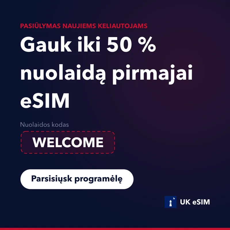 UK eSIM nuolaidos kodas — WELCOME, 15% nuolaida
